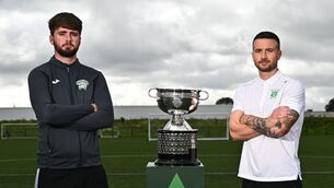 <p>At the 2026 FAI Junior Cup Final Media Day is, Mark Murphy of Coachford AFC, left, and Mikey Drennan of Evergreen FC at the FAI HQ, Abbotstown in Dublin. Photo by Tyler Miller/Sportsfile</p>