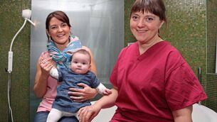 <p>Mary and Lily Rose McGahern, from Douglas, with Lynda Moore, Domino midwife, in the Pool Room, at Cork University Maternity Hospital. Picture: Jim Coughlan</p> <p>Mary and Lily Rose McGahern, from Douglas, with Lynda Moore, Domino midwife, in the Pool Room, at Cork University Maternity Hospital. Picture: Jim Coughlan</p>