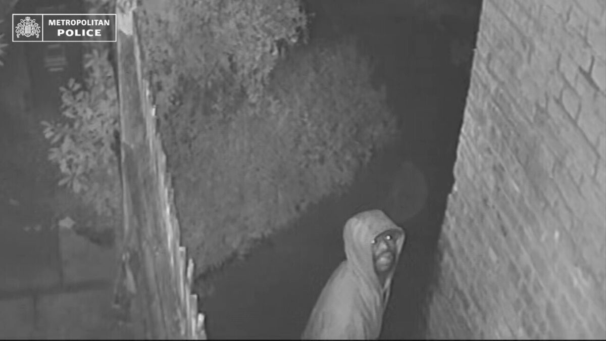 Ashley Malcolm outside the home of John Burke on the night of the burglary. Picture: Metropolitan Police/PA Wire Ashley Malcolm outside the home of John Burke on the night of the burglary. Picture: Metropolitan Police/PA Wire