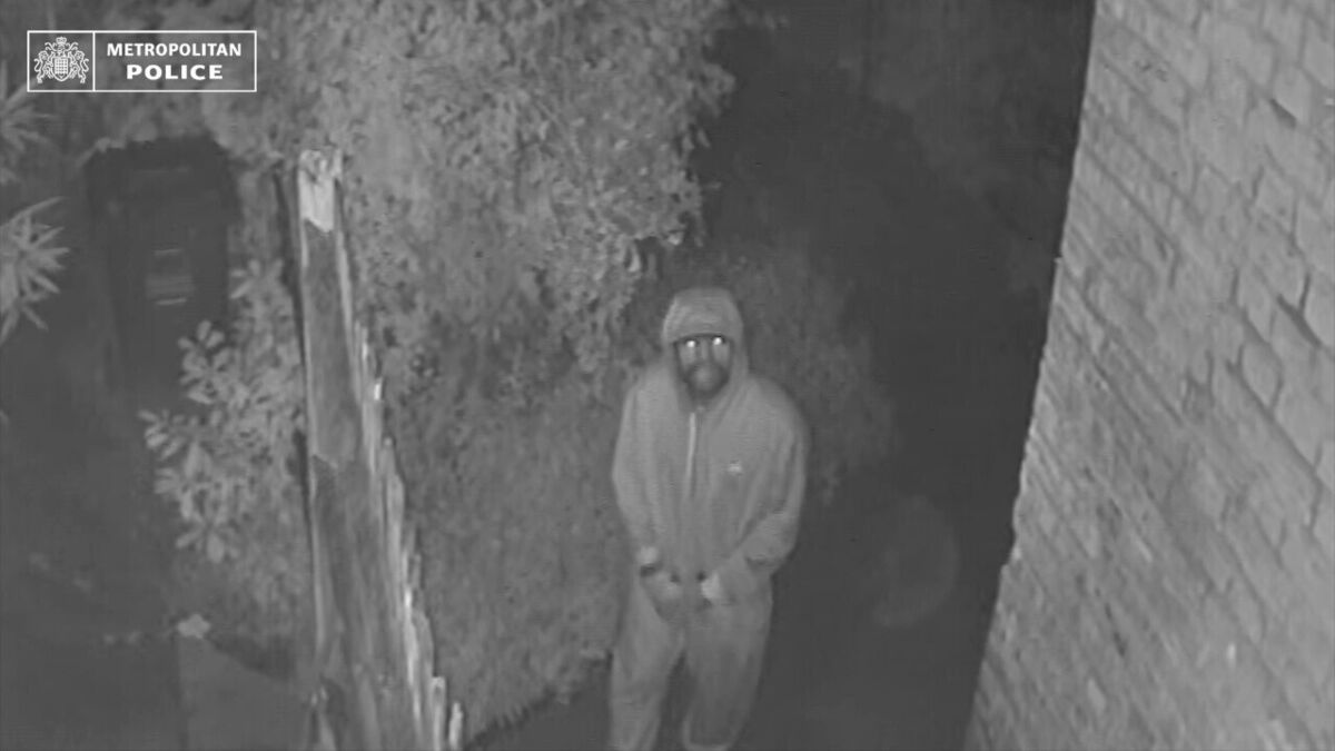 Ashley Malcolm outside the home of John Burke on the night of the burglary. Picture: Metropolitan Police/PA Wire Ashley Malcolm outside the home of John Burke on the night of the burglary. Picture: Metropolitan Police/PA Wire