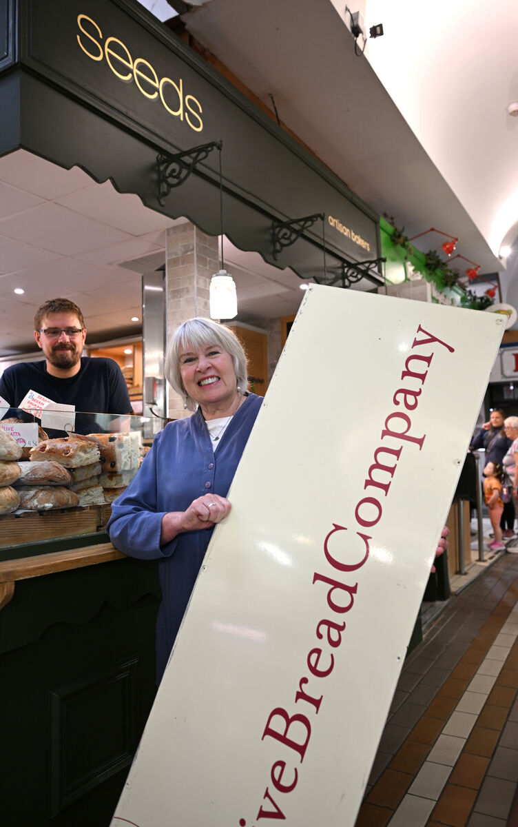 Sheila Fitzpatrick holding the old signage of Alternative Bread Company ABC with Ben Le Bon at Seeds Artisan Bakers at the English Market, Grand Parade, Cork. Picture: Larry Cummins Sheila Fitzpatrick holding the old signage of Alternative Bread Company ABC with Ben Le Bon at Seeds Artisan Bakers at the English Market, Grand Parade, Cork. Picture: Larry Cummins
