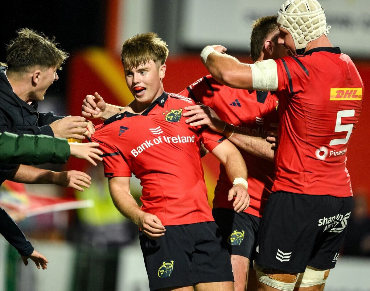 Charlie O'Shea celebrates with teammates and supporters after scoring against Leicester Tigers at Virgin Media Park. Picture: Brendan Moran/Sportsfile Charlie O'Shea celebrates with teammates and supporters after scoring against Leicester Tigers at Virgin Media Park. Picture: Brendan Moran/Sportsfile