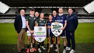 <p>Ireland Hurling/Shinty manager Eamon O'Shea, left, with players and coaches at Páirc Uí Chaoimh on Thursday. Pic: Seb Daly/Sportsfile</p>
