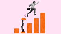 Creative picture image collage banner of guy worker jump from financial charts determined company success