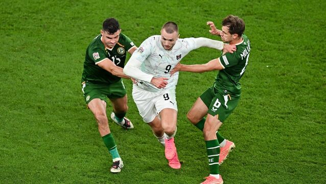 <p>Sasa Kalajdzic of Austria in action against John Egan, left, and Jayson Molumby of Republic of Ireland. Pic: Sam Barnes/Sportsfile</p>