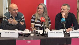 <p>People Before Profit’s Paul Murphy, councillor Hazel De Nortúin and People Before Profit’s Richard Boyd Barrett speaking to the media at Buswells Hotel in Dublin. Picture: Micheal O Scannail/PA Wire</p>