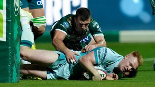<p>Connacht’s Ciaran Frawley scores a try despite Benetton's Matt Gallagher. Pic: ©INPHO/Matteo Ciambelli</p> <p>Connacht’s Ciaran Frawley scores a try despite Benetton's Matt Gallagher. Pic: ©INPHO/Matteo Ciambelli</p>