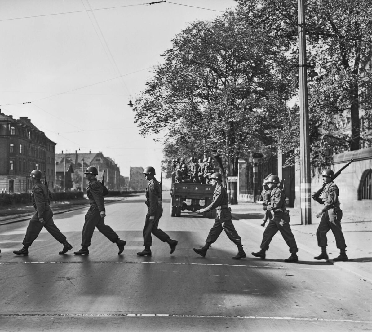 Soldiers of the United States Army crossing the street near the Palace of Justice during the trials of the Nazi leadership on the September 30, 1946 at Nuremberg, Germany. Picture: Fred Ramage/Keystone/Hulton Archive/Getty Images). Soldiers of the United States Army crossing the street near the Palace of Justice during the trials of the Nazi leadership on the September 30, 1946 at Nuremberg, Germany. Picture: Fred Ramage/Keystone/Hulton Archive/Getty Images).