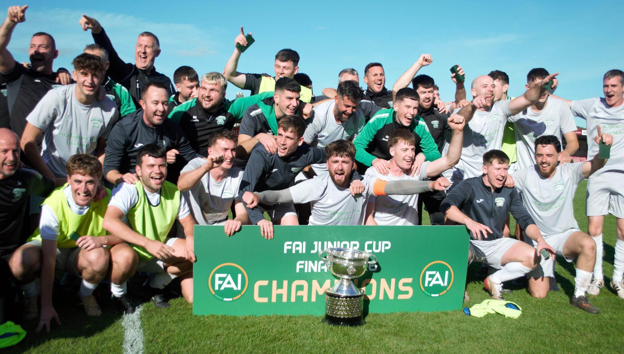Coachford celebrate after their 2-1 victory over Evergreen in the FAI Junior Cup final at Munster FA's Turner's Cross. Pic: Barry Peelo