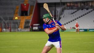 <p>LEAGUE OF THEIR ERIN'S OWN: Oran O’Regan sends the sliotar towards the goal from a free. Pic: Noel Sweeney.</p>