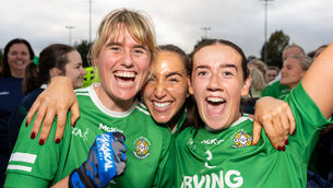 <p class="contextmenu internal_Caption">Emma Farmer-Cotter, Emma Cronin and Sally McAllister from the Aghada ladies football team celebrate their win over Naomh Abán. Pic: Noel Sweeney</p>