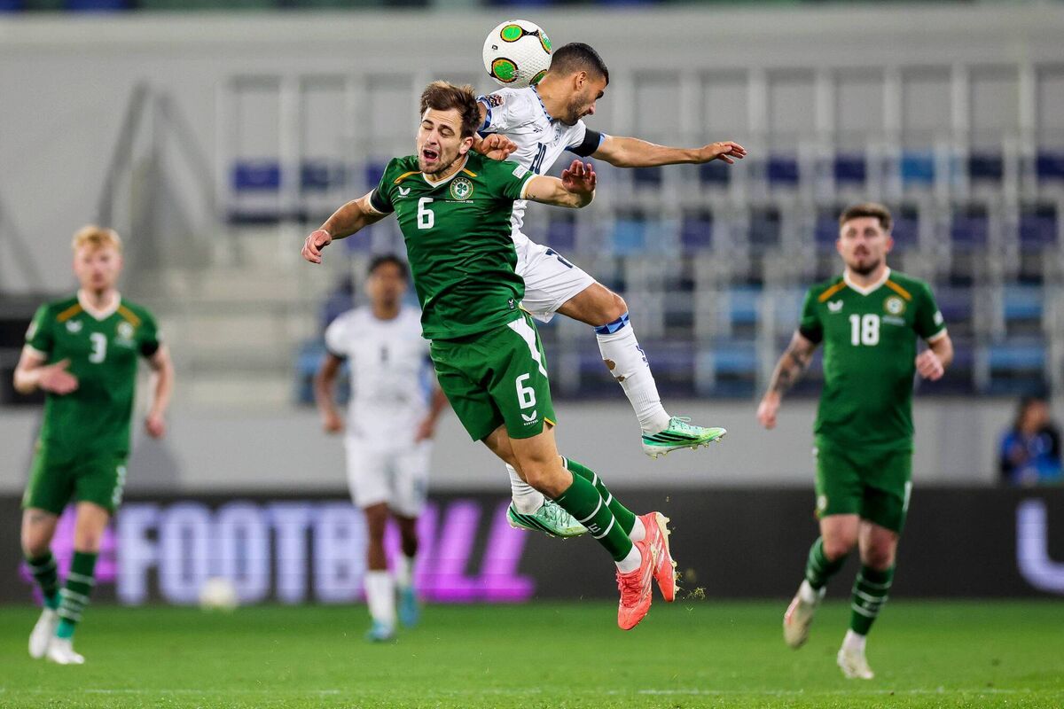 NUDGE: Ireland’s Jayson Molumby under pressure in the air from Israel’s Liel Abada in their Nations League Group stage meeting in Backa Topola, Serbia last night. Pic: Ryan Byrne, Inpho
NUDGE: Ireland’s Jayson Molumby under pressure in the air from Israel’s Liel Abada in their Nations League Group stage meeting in Backa Topola, Serbia last night. Pic: Ryan Byrne, Inpho