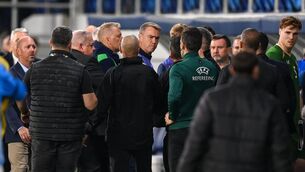 <p>CLASH: Players and officials, including Republic of Ireland head coach Heimir Hallgrimsson and Republic of Ireland head of athletic performance Damien Doyle, centre, during the UEFA Nations League B match between the Republic of Ireland and Israel at TSC Arena in Bačka Topola, Serbia. Photo by Stephen McCarthy/Sportsfile</p> <p>CLASH: Players and officials, including Republic of Ireland head coach Heimir Hallgrimsson and Republic of Ireland head of athletic performance Damien Doyle, centre, during the UEFA Nations League B match between the Republic of Ireland and Israel at TSC Arena in Bačka Topola, Serbia. Photo by Stephen McCarthy/Sportsfile</p>