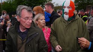 <p>Breandan Mac Cionnaith of the Garvaghy Road Residents Coalition (left) with DJ Próvaí of Kneecap. Picture: Brian Lawless/PA Wire</p>
