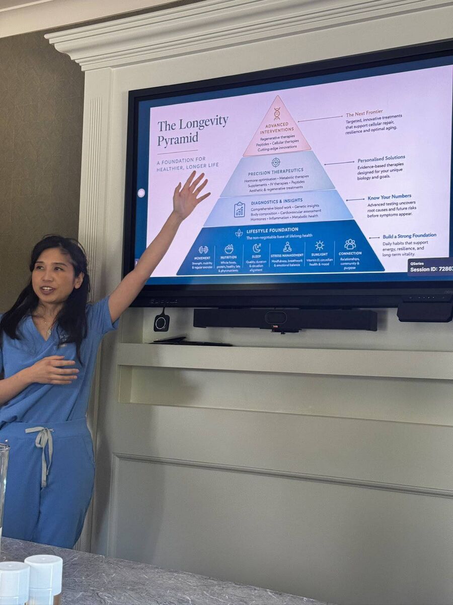 Dr. Sarah-Jane Khong explains the longevity pyramid at South William Clinic's retreat Dr. Sarah-Jane Khong explains the longevity pyramid at South William Clinic's retreat