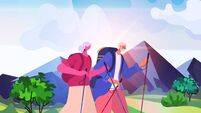 senior man woman hikers traveling together with backpacks active old age physical activities concept landscape