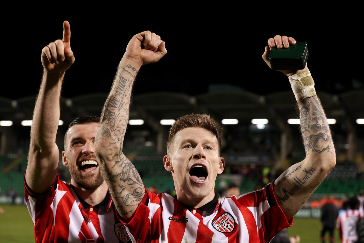 Derry City players, Patrick McClean, left, and James McClean celebrate after the 2026 Men's President's Cup final. Pic: Michael P Ryan/Sportsfile Derry City players, Patrick McClean, left, and James McClean celebrate after the 2026 Men's President's Cup final. Pic: Michael P Ryan/Sportsfile