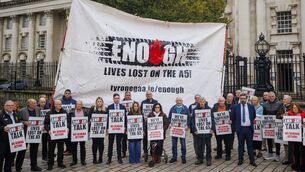 <p>A5 campaigners outside Laganside Courts in Belfast, where the Court of Appeal is to rule on the Stormont legal challenge to blocking of the A5 road upgrade. Picture: Liam McBurney/PA Wire</p>
