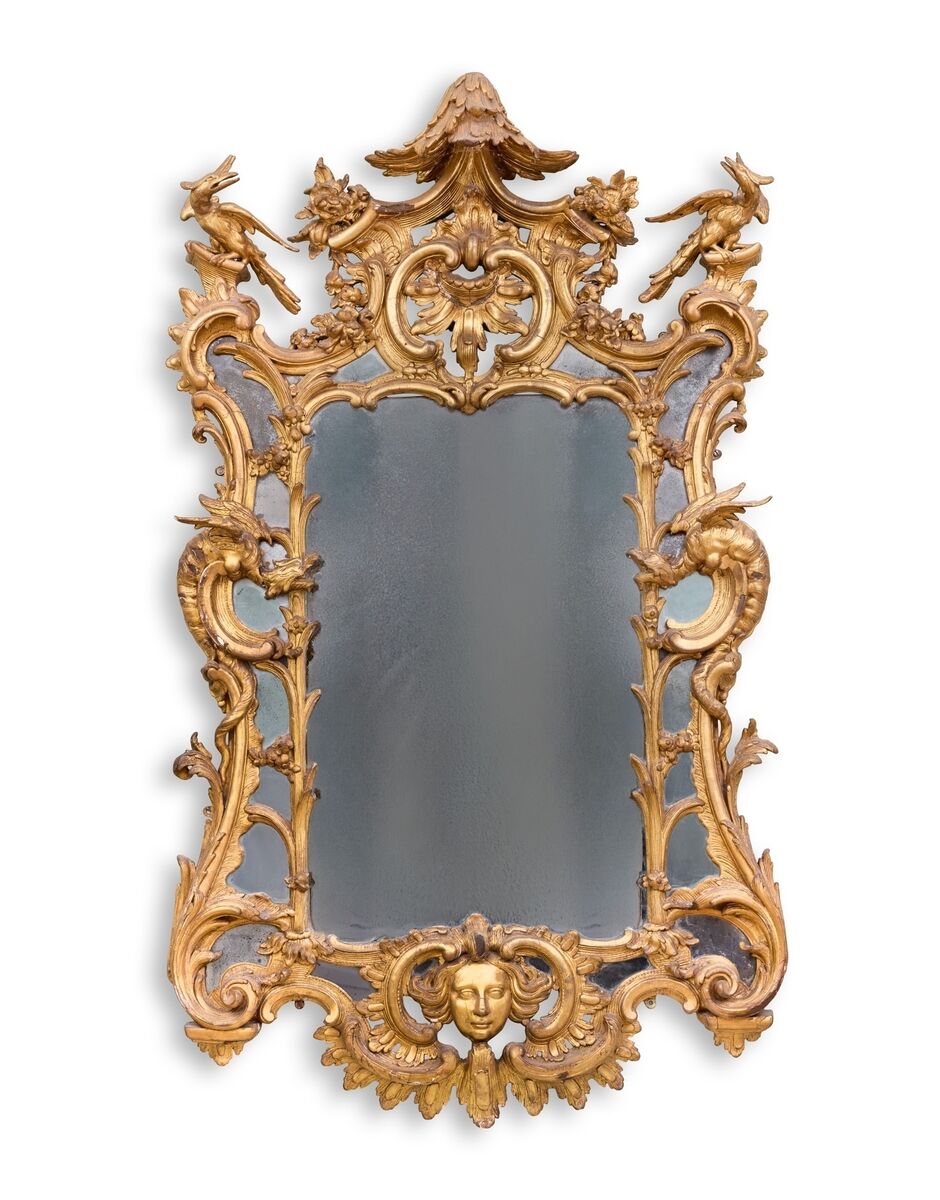 A c1765 Irish George III giltwood mirror from Hamwood at Adam's. A c1765 Irish George III giltwood mirror from Hamwood at Adam's.