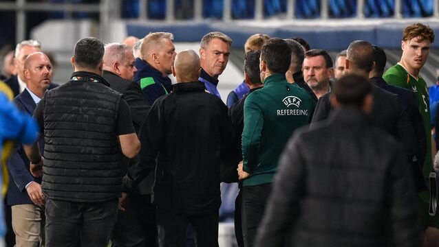 <p>Players and officials, including Republic of Ireland head coach Heimir Hallgrimsson and Republic of Ireland head of athletic performance Damien Doyle, centre, during the UEFA Nations League B match between the Republic of Ireland and Israel at TSC Arena. Pic: Stephen McCarthy/Sportsfile</p>