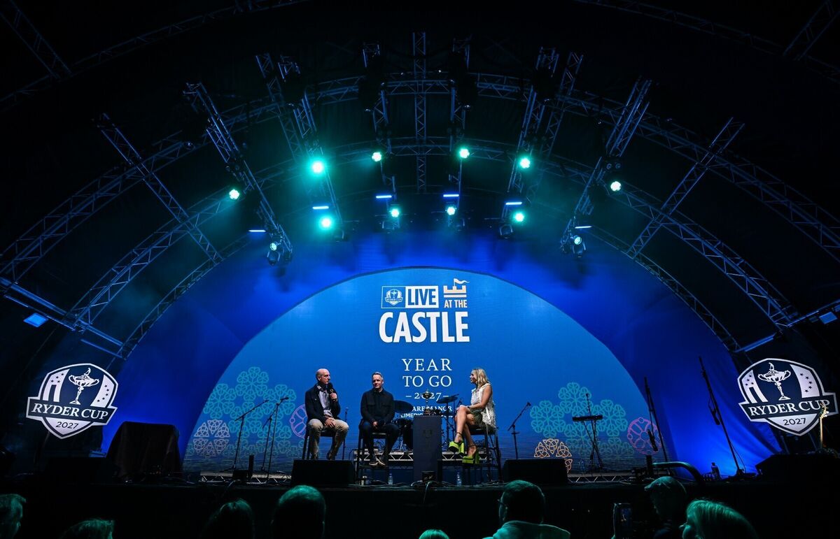 Team United States captain Jim Furyk (left) and Team Europe captain Luke Donald (centre) being interviewed by Louise Cantillon at the Ryder Cup 'Live at the Castle' event at King John’s Castle in Limerick. Photo: Seb Daly/Sportsfile Team United States captain Jim Furyk (left) and Team Europe captain Luke Donald (centre) being interviewed by Louise Cantillon at the Ryder Cup 'Live at the Castle' event at King John’s Castle in Limerick. Photo: Seb Daly/Sportsfile