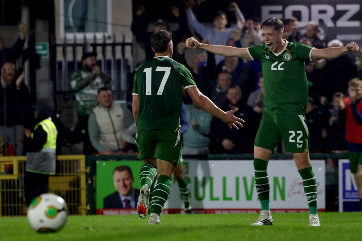 Ireland's Tommy Lonergan celebrates with Oisín Gallagher after he scores his side's third. Pic: Nick Elliott/Inpho Ireland's Tommy Lonergan celebrates with Oisín Gallagher after he scores his side's third. Pic: Nick Elliott/Inpho