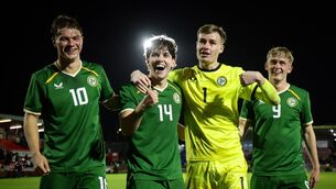 <p>Ireland's Grady McDonnell, Rory Finneran, Noah Jauny and Michael Noonan celebrate after the match. Pic: Nick Elliott/Inpho</p>