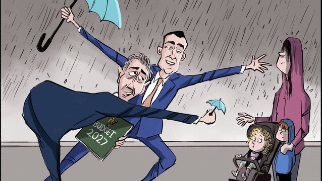 <p>Public expenditure minister Jack Chambers and Tánaiste and finance minister Simon Harris delivered the budget on Tuesday. Cartoon: Harry Burton</p>
