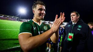 <p>Tommy Lonergan celebrates after his two goals helped Ireland to a 3-1 win over England in the UEFA Under 21 European Qualifier at Turner's Cross Photo: ©INPHO/Nick Elliott</p>