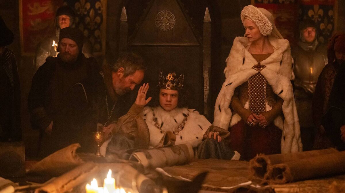 Tom Hollander, Woody Norman, and Katherine Waterston in The Uprising. Tom Hollander, Woody Norman, and Katherine Waterston in The Uprising.