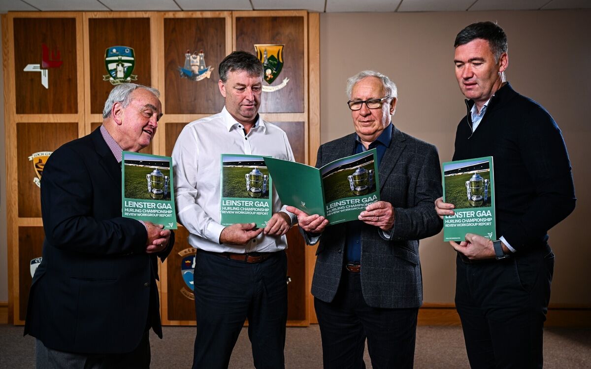  In attendance are, from left, Nickey Brennan, Workgroup chair, Martin Byrne, Cathaoirleach Comhairle Laighean, Michael Reynolds, Runaí Comhairle Laighean, and William Maher, National Head of Hurling. Pic: Seb Daly/Sportsfile.