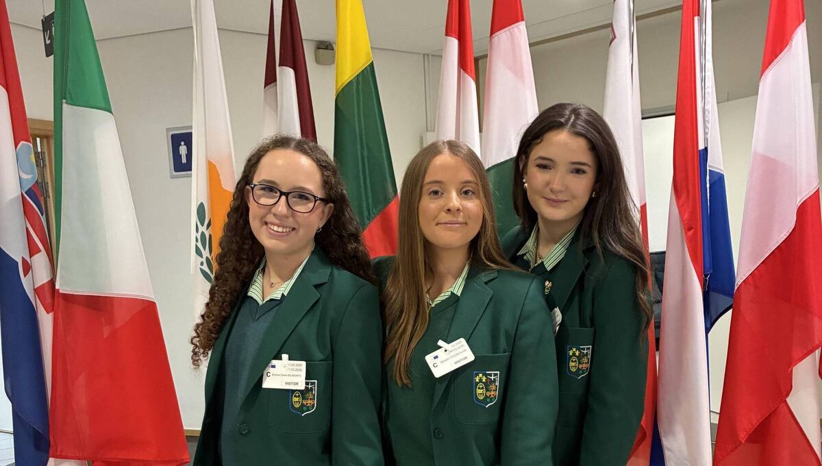 St Angela's College team, from left: Emma Dilworth, Meabh O'Donovan and Mary-Clare O'Connell in Brussels to present their project ‘How organic farm practices can produce sustainable Certified Irish Angus beef’ as part of the Irish Angus School Competition. 