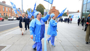 <p> Members of the Irish Nurses and Midwives Organisation during lunchtime protest outside the Mater Hospital in Dublin. Picture: Leah Farrell/ RollingNews.ie</p>