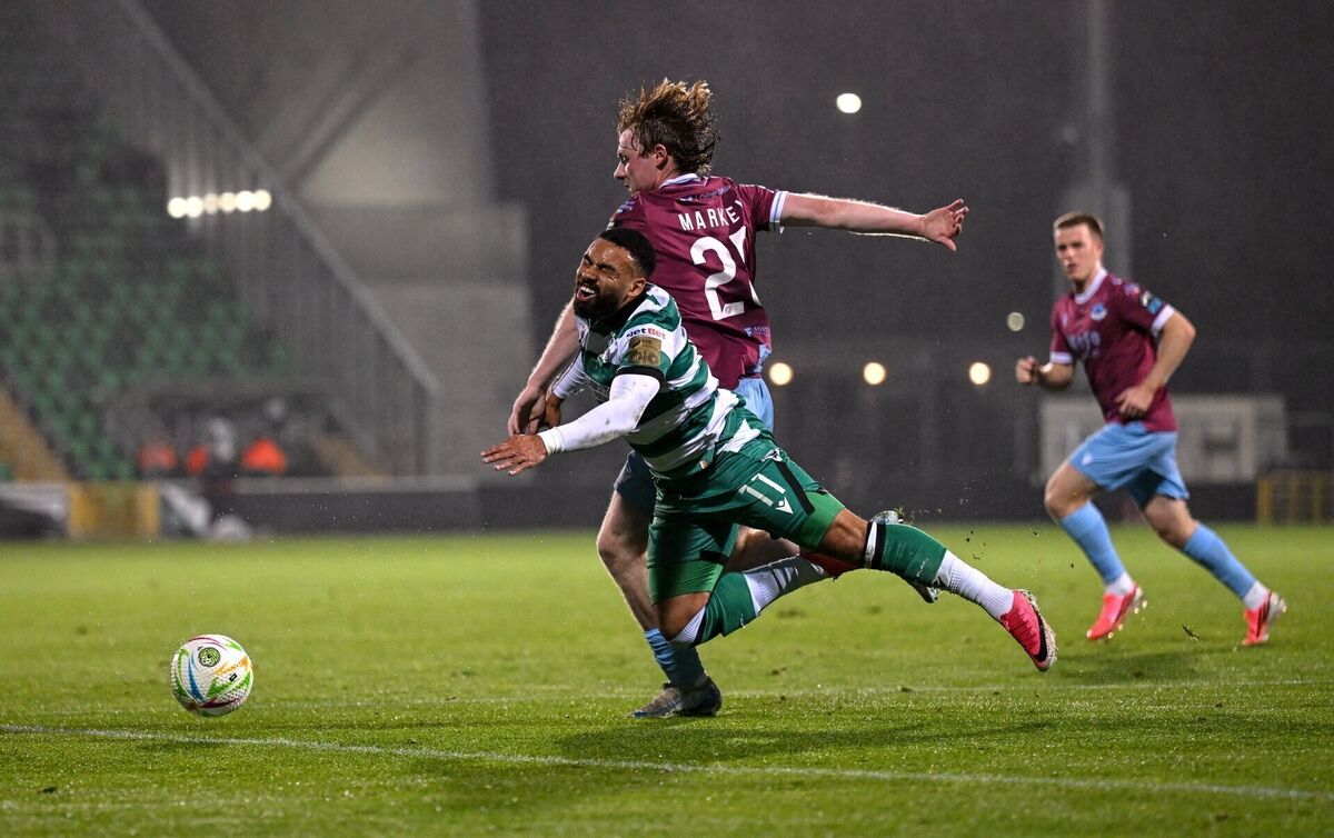Ryan Markey of Drogheda United fouls Jake Mulraney of Shamrock Rovers. Pic: Paul Phelan/Sportsfile Ryan Markey of Drogheda United fouls Jake Mulraney of Shamrock Rovers. Pic: Paul Phelan/Sportsfile