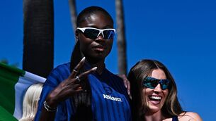 <p>Olympians Rhasidat Adeleke and Kate O'Connor at Venice Beach in Los Angeles, California, United States. Pic: David Fitzgerald/Sportsfile</p>