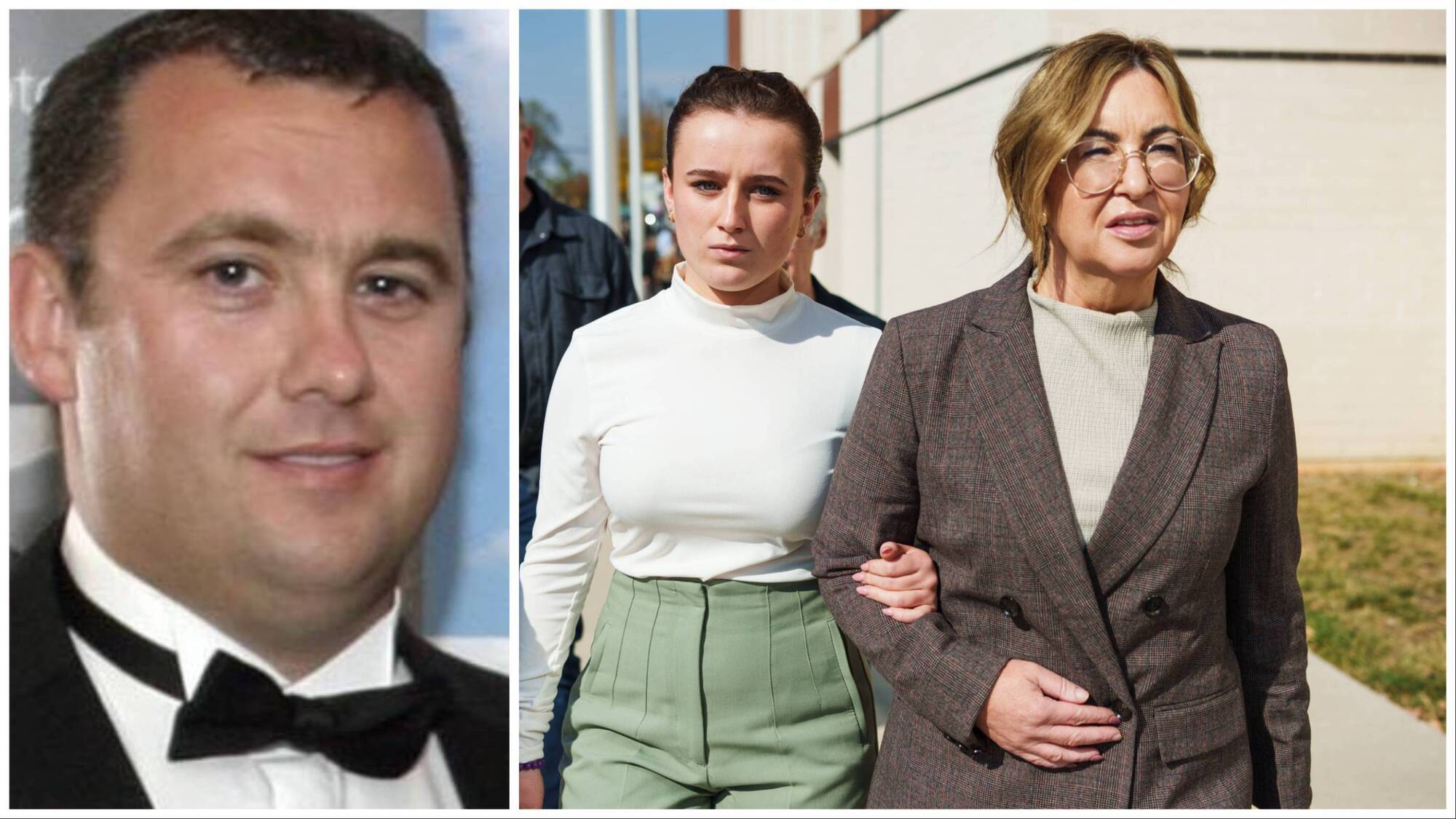 The picture on the left shows Jason Corbett and on the right is his daughter Sarah Corbett (in white) with her aunt, Tracey Corbett Lynch, leaving Davidson County Court in Lexington for the sentencing hearing of the killing of Mr Corbett on November 8, 2023.