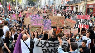 <p>Protesters take part in a demonstration of high-school students as part of a nationwide protest movement over learning conditions in Marseille, south-eastern France, on October 6. Picture: Miguel Medina / AFP via Getty Images</p>