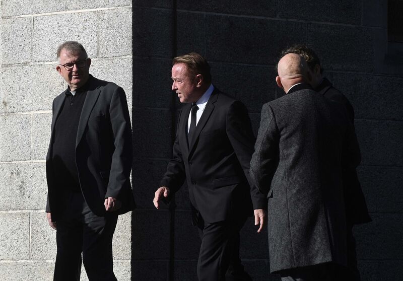 Michael Flatley arrives for the funeral service of his wife Niamh O'Brien at the Church Of St. Therese, Mount Merrion, near Dublin. Picture: Mark Marlow/PA Wire