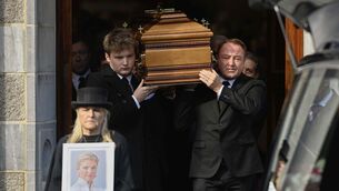 <p>Michael Flatley carries the coffin of his wife Niamh O'Brien, following her funeral service at the Church Of St. Therese, Mount Merrion, near Dublin. Picture: Mark Marlow/PA Wire</p>