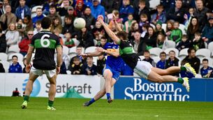 <p>Nemo Rangers defender Kevin O’Donovan makes a spectacular diving block to deny Eanna Desmond. Pic: Larry Cummins</p> <p>Nemo Rangers defender Kevin O’Donovan makes a spectacular diving block to deny Eanna Desmond. Pic: Larry Cummins</p>