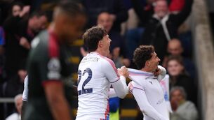 <p>Yeremy Pino (right) celebrates Crystal Palace’s third goal (John Walton/PA).</p> <p>Yeremy Pino (right) celebrates Crystal Palace’s third goal (John Walton/PA).</p>