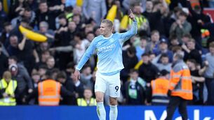 <p>Manchester City's Erling Haaland celebrates scoring his side's first goal. Pic: Peter Byrne/PA Wire.</p>