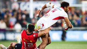 <p>HOLDING ON: Ulster's Robert Baloucoune looks to break free of the grasp of Munster's Dan Kelly in their United Rugby Championship clash at Affidea Stadium in Belfast. Pic: Dan Clohessy, Inpho</p> <p>HOLDING ON: Ulster's Robert Baloucoune looks to break free of the grasp of Munster's Dan Kelly in their United Rugby Championship clash at Affidea Stadium in Belfast. Pic: Dan Clohessy, Inpho</p>