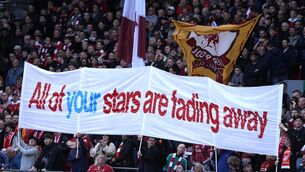 <p>Liverpool fans hold up a large banner with the words 'All of your stars are fading away' before the Premier League match at Anfield. Pic: Peter Byrne/PA Wire.</p> <p>Liverpool fans hold up a large banner with the words 'All of your stars are fading away' before the Premier League match at Anfield. Pic: Peter Byrne/PA Wire.</p>