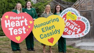 <p>Sixth year students at St Angela’s College, Katherine Murphy, Deputy Head Girl, Maggie O’Sullivan, Head Girl, and Emma Dunphy, with Violet Cassidy, mother of Ellen Cassidy, at the launch of Pledge A Heart Test, a fundraising campaign to give every student in St Angela’s College a cardiac health screening. Picture: Darragh Kane</p>