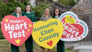 <p>Sixth year students at St Angela’s College, Katherine Murphy, Deputy Head Girl, Maggie O’Sullivan, Head Girl, and Emma Dunphy, with Violet Cassidy, mother of Ellen Cassidy, at the launch of Pledge A Heart Test, a fundraising campaign to give every student in St Angela’s College a cardiac health screening. Picture: Darragh Kane</p>