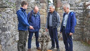 <p>From left: James Knoblauch, organiser; Martin Kauffmann, Oxford medievalist and Bodleian Library head; Finbarr Kennelly, organiser, Killarney Chamber of Tourism and Commerce; and Mike Webb, curator of early modern archives and manuscripts at Bodleian Libraries, on Inisfallen Island. Picture: Valerie O'Sullivan</p> <p>From left: James Knoblauch, organiser; Martin Kauffmann, Oxford medievalist and Bodleian Library head; Finbarr Kennelly, organiser, Killarney Chamber of Tourism and Commerce; and Mike Webb, curator of early modern archives and manuscripts at Bodleian Libraries, on Inisfallen Island. Picture: Valerie O'Sullivan</p>