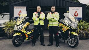 <p>Craig Jones and Noel Boyhan from Blood Bike West, whose volunteer riders help deliver life-saving medical consignments when every minute matters </p>
