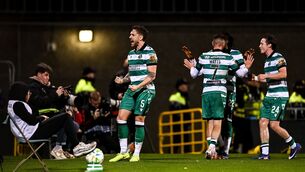 <p>Lee Grace of Shamrock Rovers celebrates after Dylan Watts scores his side's winning goal against Bohemians. Pic: Ben McShane/Sportsfile</p> <p>Lee Grace of Shamrock Rovers celebrates after Dylan Watts scores his side's winning goal against Bohemians. Pic: Ben McShane/Sportsfile</p>