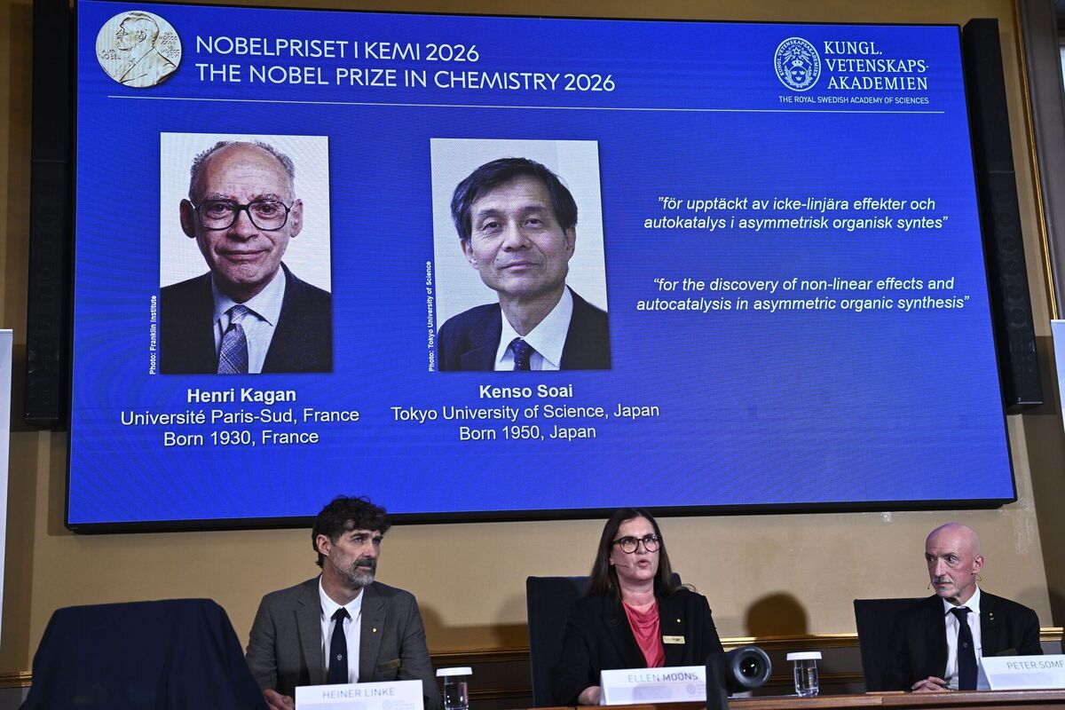 Portraits of Henri Kagan and Kenso Soai are shown on the screen as they are awarded the 2026 Nobel Prize in Chemistry in Stockholm, Sweden, on October 7. Picture: Fredrik Sandberg/TT News/AP Portraits of Henri Kagan and Kenso Soai are shown on the screen as they are awarded the 2026 Nobel Prize in Chemistry in Stockholm, Sweden, on October 7. Picture: Fredrik Sandberg/TT News/AP